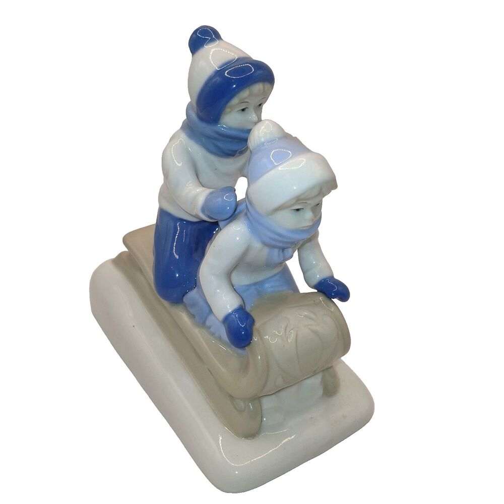 Blue & White Porcelana de Cuernavaca Boy & Girl Sledding Figurine Statue Decor